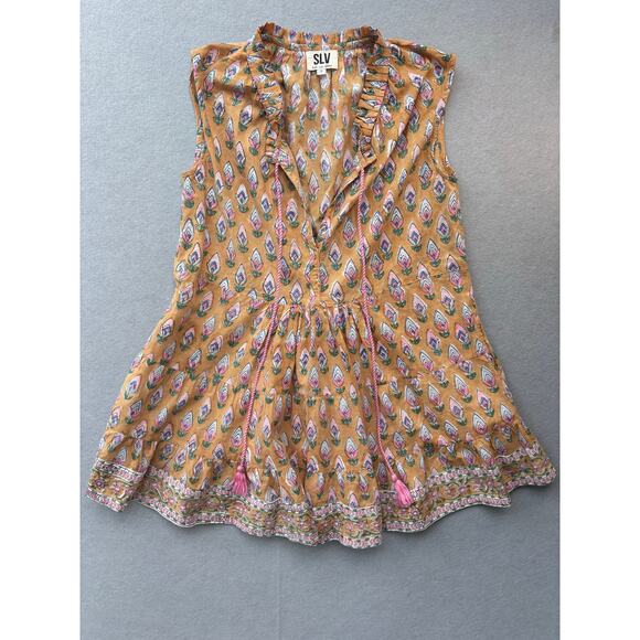 SLV Sur La Vague Cap Sleeve Mini Tulip Print Dress Pink Tassel Ruffle Neck SZ P - Picture 1 of 9